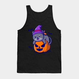 Cute Witch Cat Hug Pumpkin Halloween Cartoon Tank Top